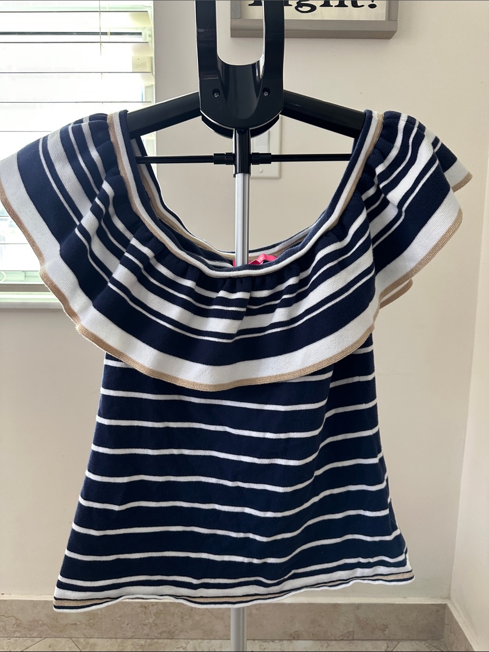Lilly Pulitzer Navy, White & Tan Striped Off-Shoulder Ruffle Top